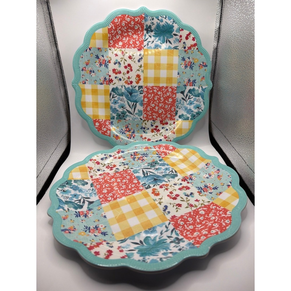 2 Pioneer Woman Patchwork Medley Melamine Dinner Plates Scalloped Teal